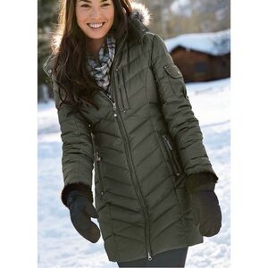 Eddie Bauer Sun Valley Down Parka Olive Green Hooded Faux Fur Trim Womens Small